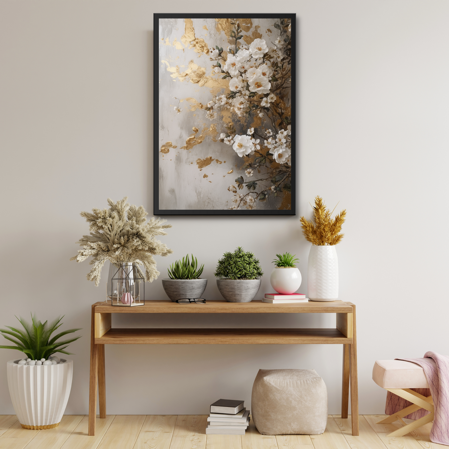 Golden and white florals canvas painting Wall Art