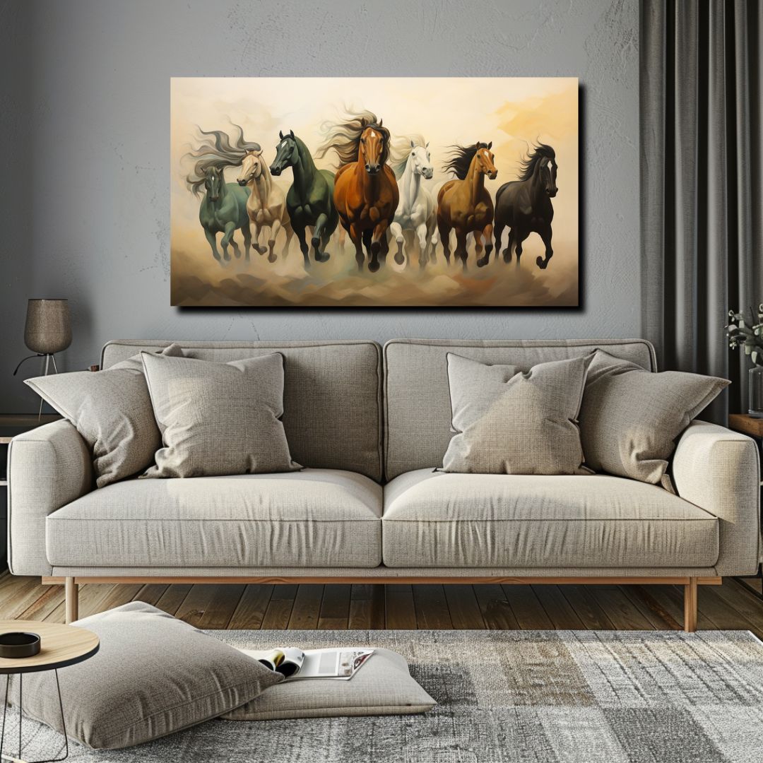 "Colorful canvas painting of seven running horses, perfect for adding flair to your living room. This vibrant wall art enhances your decor and functions well as a vastu painting."