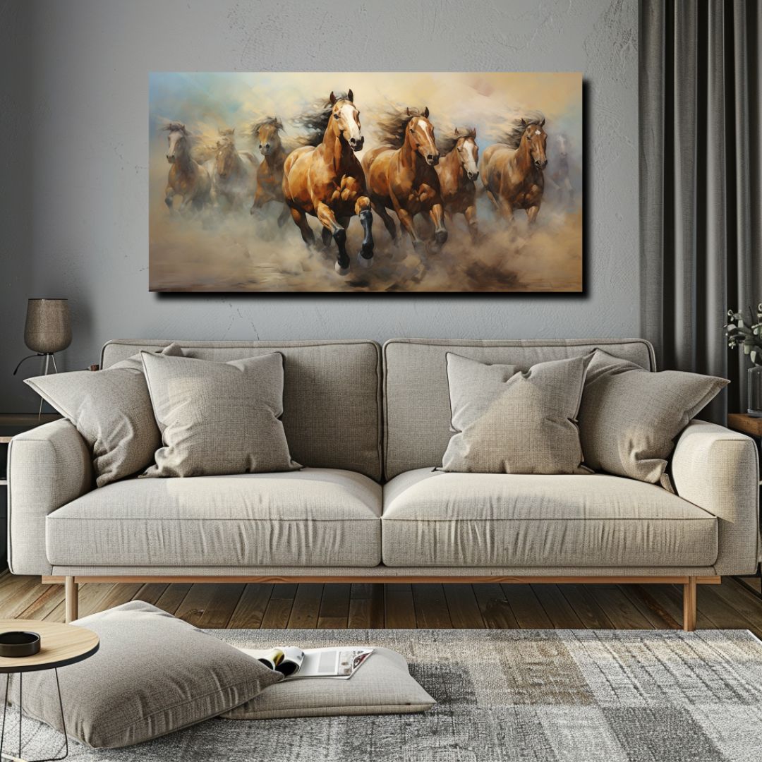 Canvas painting of seven running brown horses. Ideal for living room decor, this dynamic wall art enhances your space and functions as a stylish vastu painting