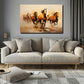 canvas painting of seven running horses in yellow and orange. Ideal for living room decor, this dynamic wall art also serves as a vastu painting