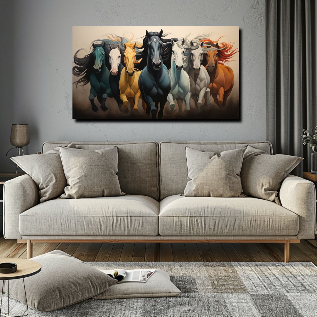 Vibrant canvas painting of seven running horses, ideal for your living room decor. This seven running horse wall art enhances your space, adding dynamic energy and serving as a perfect vastu painting for a harmonious home