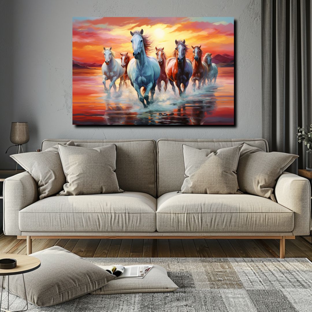 Canvas painting of seven running horses in white and brown with a yellow and orange sky and background and a sun. Perfect for living room decor, this vibrant wall art also functions as a vastu painting.