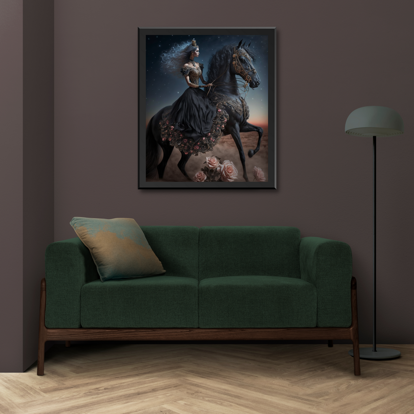 Black Princess Canvas Painting on  a Black Horse showcasing power and strength. Perfect for someone looking to make their Home to look powerful, postive. This modern artwork is something which enhances the Home decor, Office, Decor