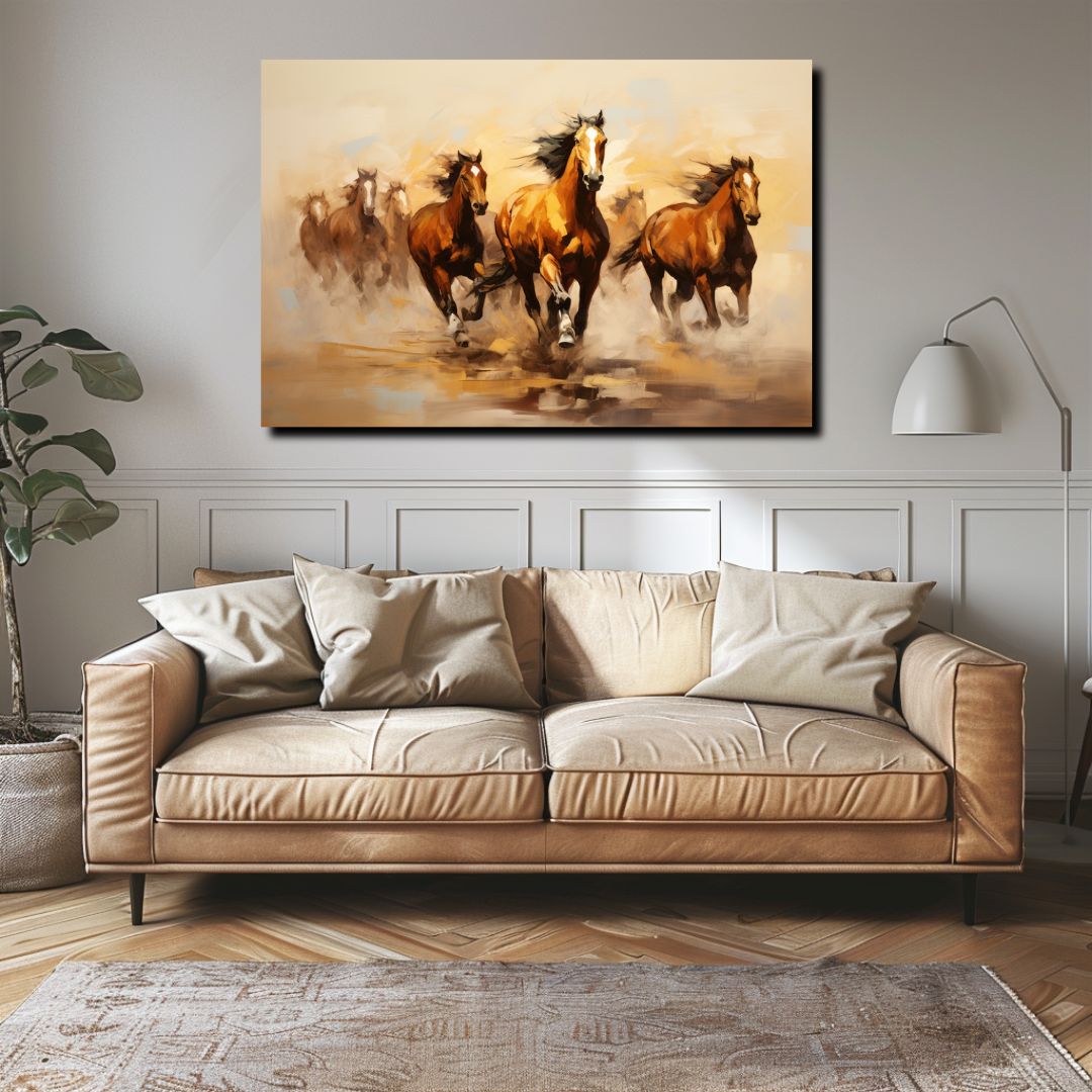 canvas painting of seven running horses in yellow and orange. Ideal for living room decor, this dynamic wall art also serves as a vastu painting