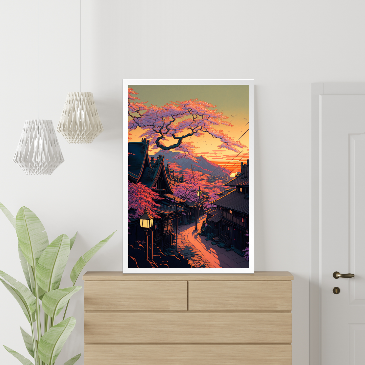 Japanese Town Framed Canvas Painting