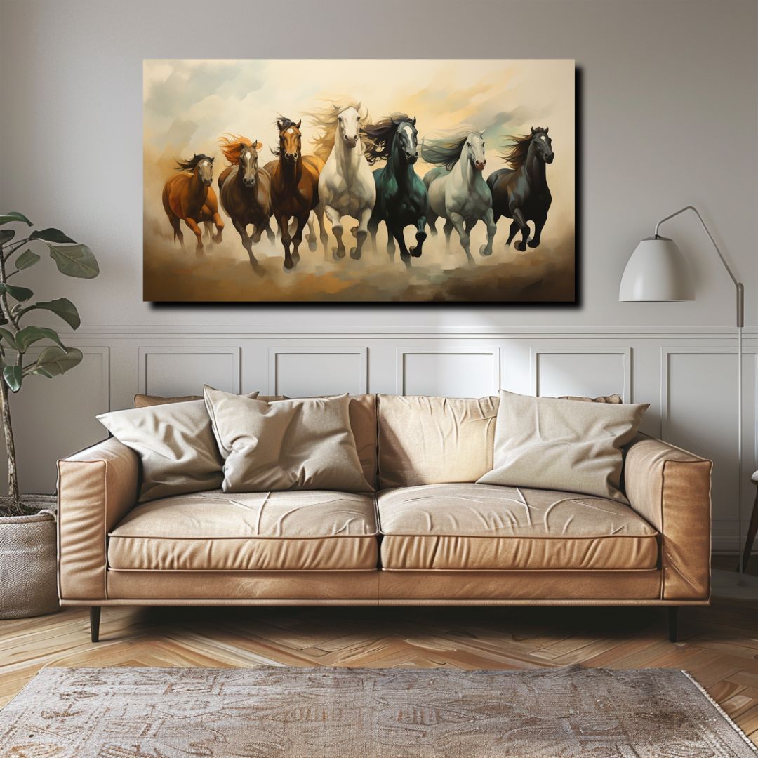 Colorful canvas painting of seven running horses, ideal for your living room. This vibrant wall art adds style to your decor and serves as a positive vastu painting