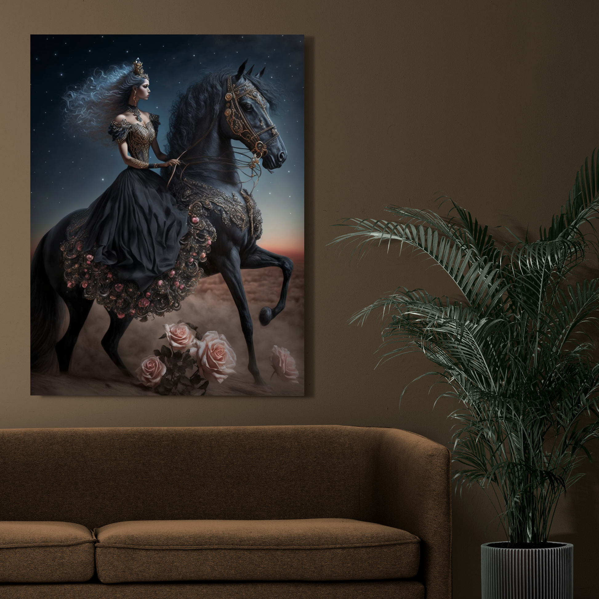 Black Princess Canvas Painting on  a Black Horse showcasing power and strength. Perfect for someone looking to make their Home to look powerful, postive. This modern artwork is something which enhances the Home decor, Office, Decor