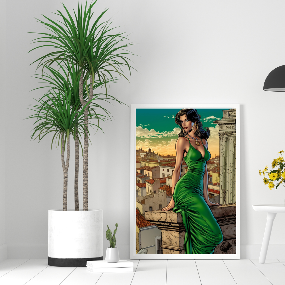 Fashion Green Lady Framed Canvas Painting