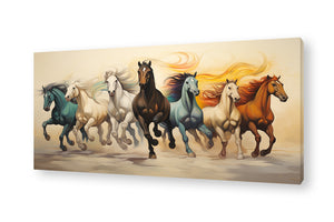 Vibrant canvas painting of seven running horses in different colours, perfect for home decor. This seven running horse wall art enhances your space and serves as a great vastu painting.