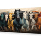 Vibrant canvas painting of seven running horses in different colours, perfect for home decor. This seven running horse wall art enhances your space and serves as a great vastu painting.