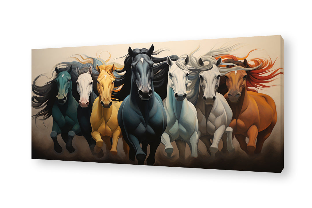 Vibrant canvas painting of seven running horses in different colours, perfect for home decor. This seven running horse wall art enhances your space and serves as a great vastu painting.