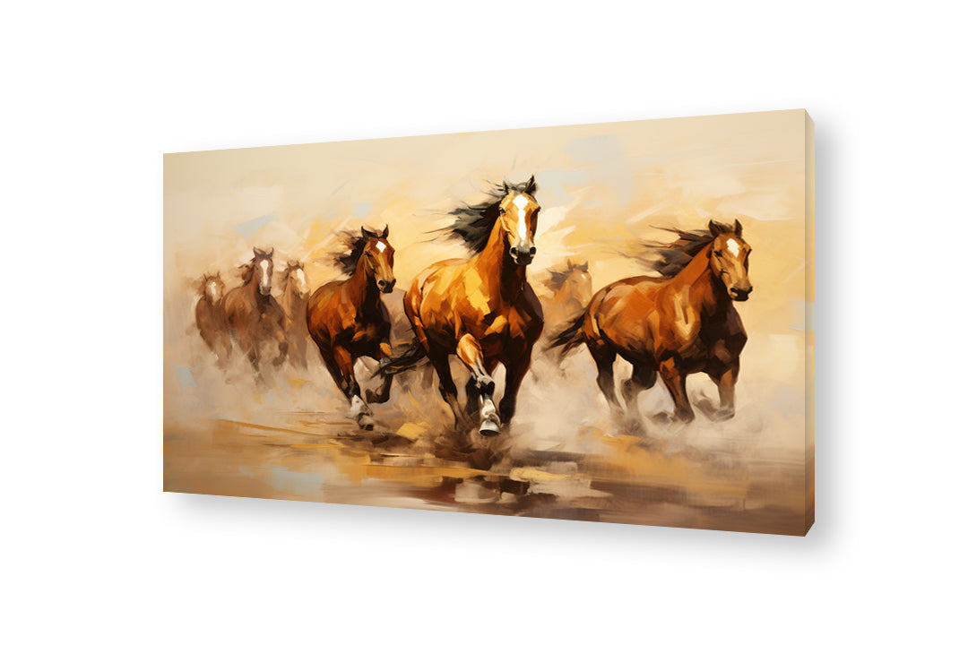 Bright canvas painting of seven running horses in yellow and orangish hues. Ideal for home decor, this vibrant wall art adds dynamic energy to your living room and serves as a beautiful vastu painting to enhance your space