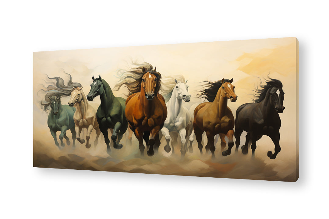 Bright canvas painting of seven running horses in various colors. Perfect for living room decor, this vibrant wall art adds dynamic energy and functions as an excellent vastu painting.