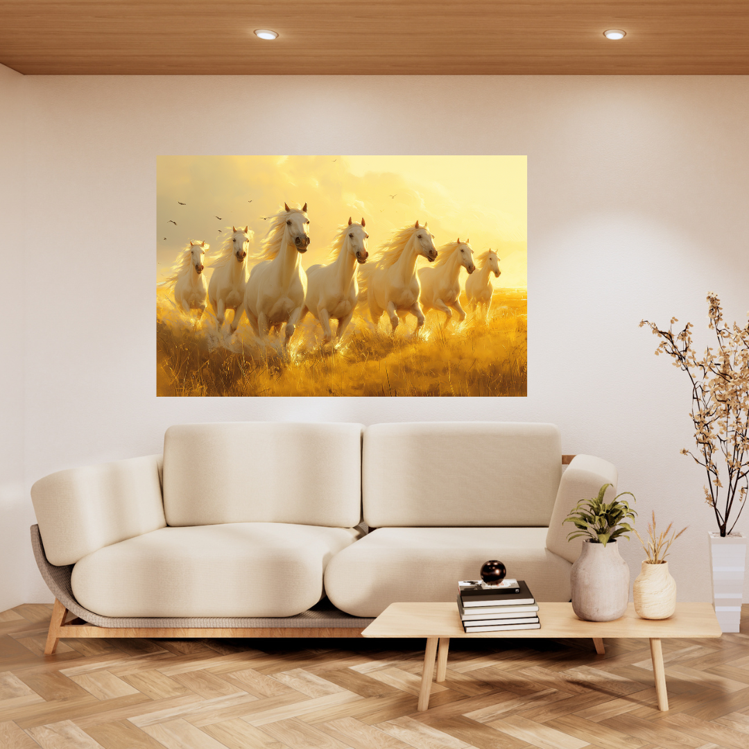 Seven white horses running in a golden-themed artwork, capturing grace and movement in living room. Ideal for luxury canvas prints and home decor