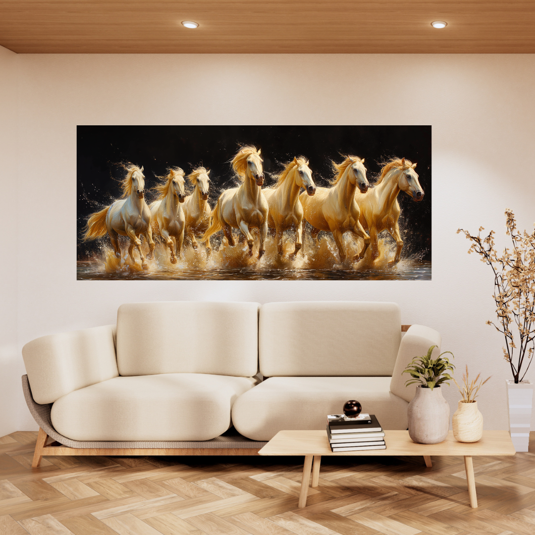 Seven white horses running against a black background with golden accents, perfect for luxury canvas prints, home decor, wall art painting. Buy canvas painting online.