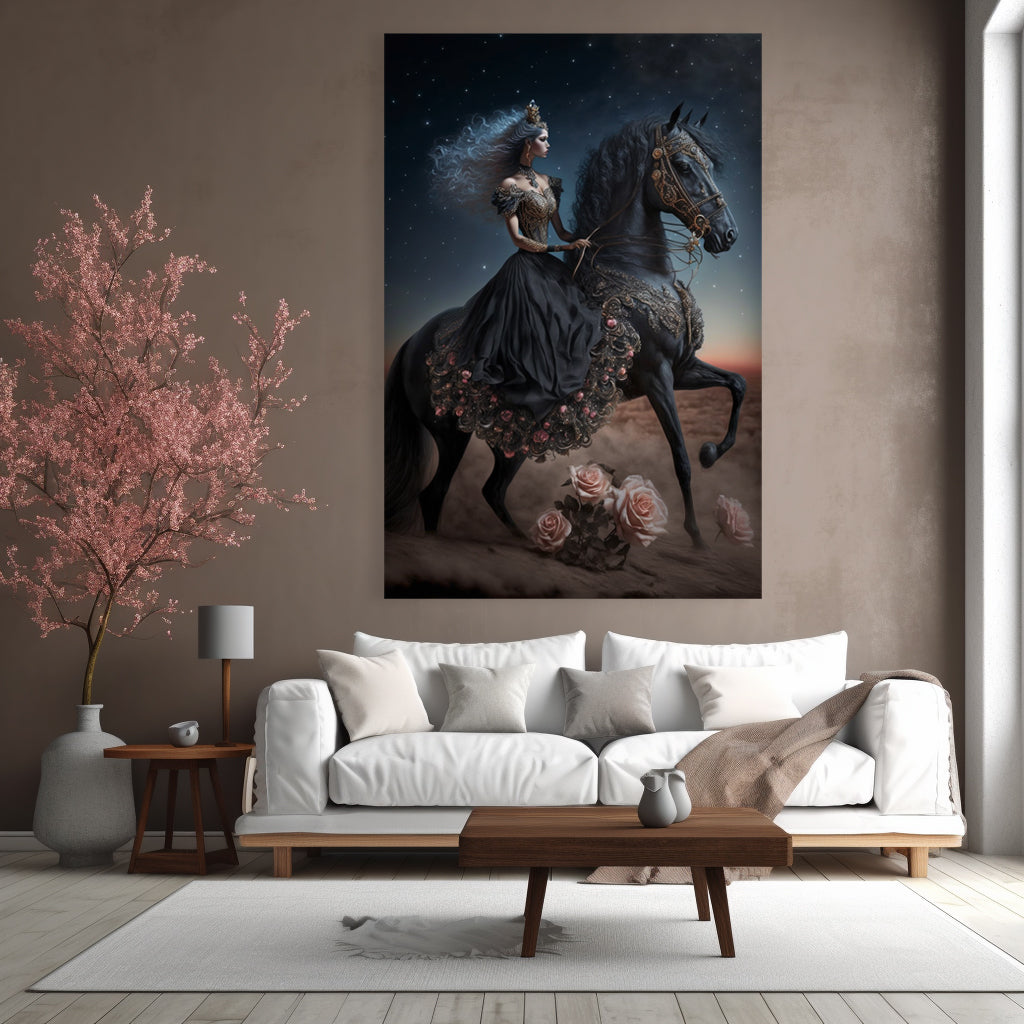 Black Princess Canvas Painting on  a Black Horse showcasing power and strength. Perfect for someone looking to make their Home to look powerful, postive. This modern artwork is something which enhances the Home decor, Office, Decor. Get yours from TheGenieArt.