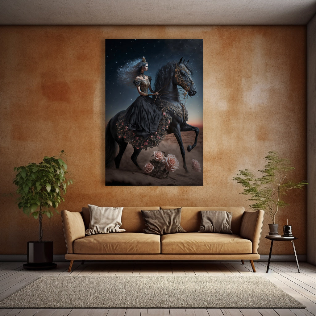 Black Princess Canvas Painting on  a Black Horse showcasing power and strength. Perfect for someone looking to make their Home to look powerful, postive. This modern artwork is something which enhances the Home decor, Office, Decor