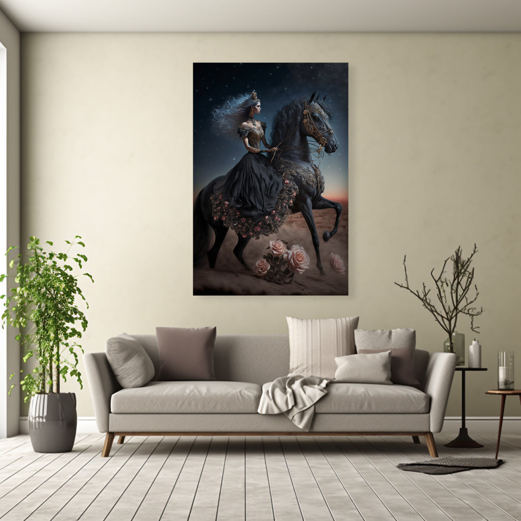 Black Princess Canvas Painting on  a Black Horse showcasing power and strength. Perfect for someone looking to make their Home to look powerful, postive. This modern artwork is something which enhances the Home decor, Office, Decor