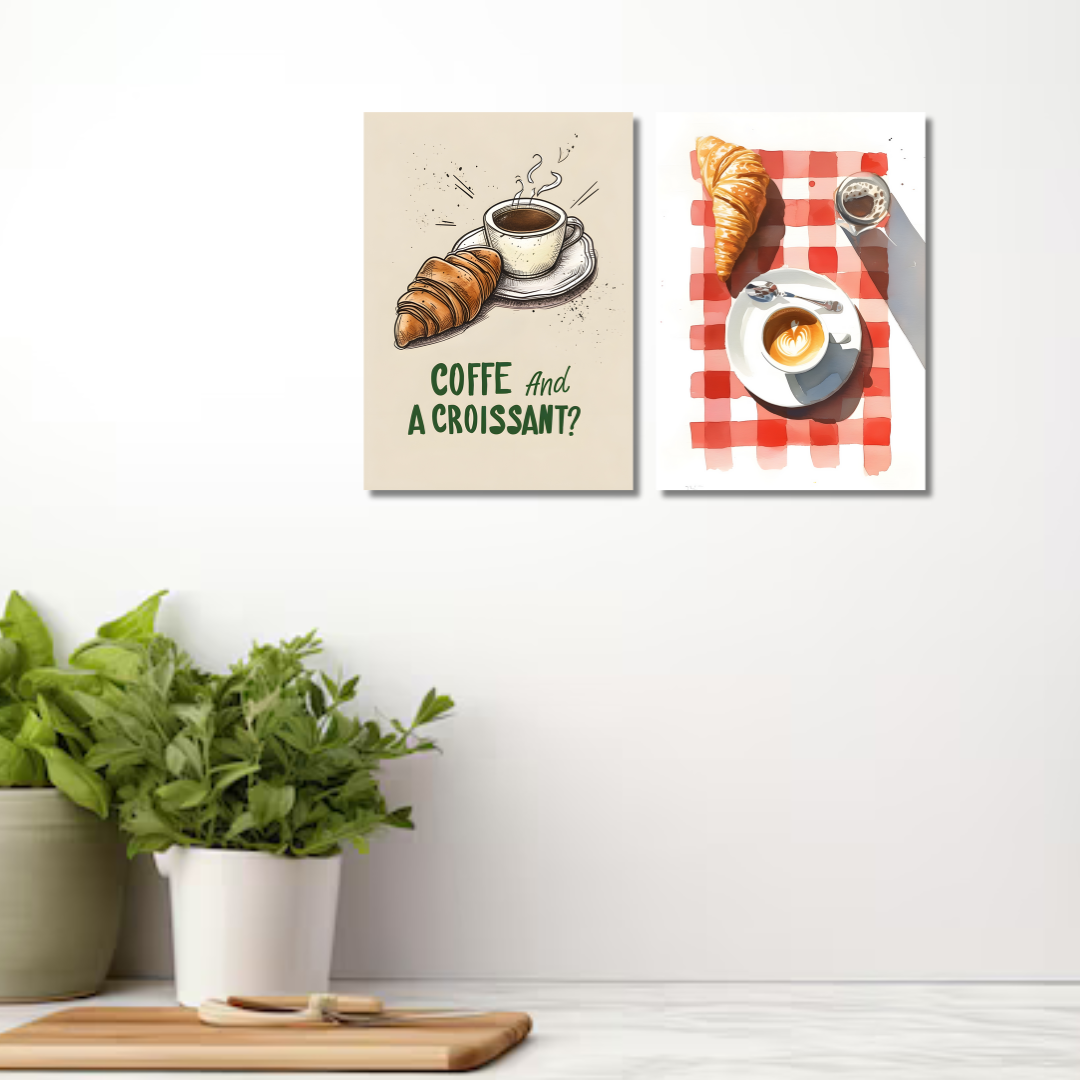 Baked Goodness canvas painting set of 2 featuring coffee, tea, and croissant in vibrant, detailed artwork, perfect for kitchen decor.