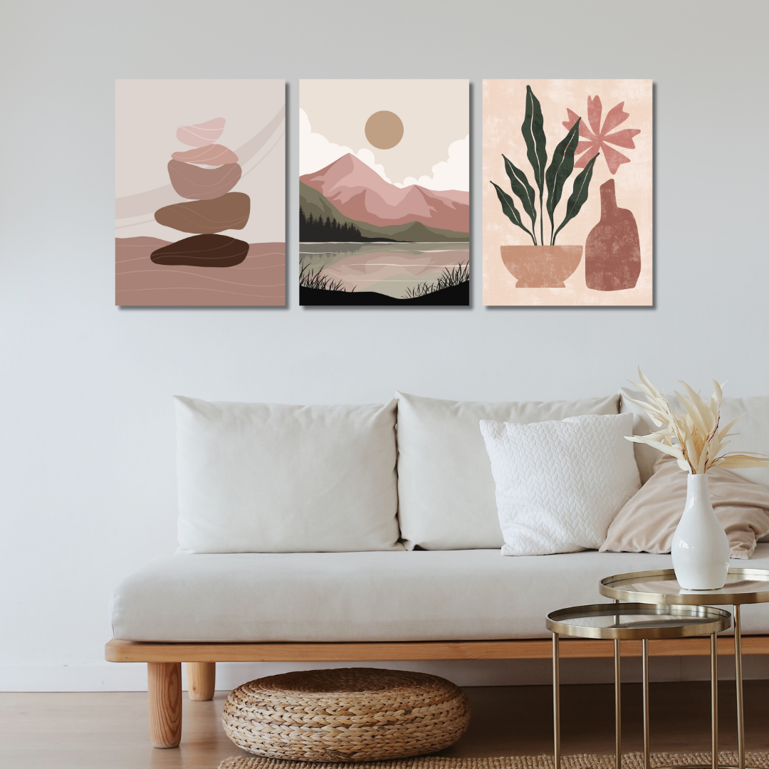 Set of 3 Blush Blossom Canvas Painting  featuring elegant floral designs in soft blush tones. This artwork adds a touch of sophistication and charm to any room, ideal for enhancing living rooms, bedrooms, or any space needing a delicate, floral touch.