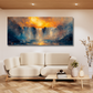 Calming Waterfall canvas painting featuring a blue waterfall against a yellowish background. This serene artwork captures the soothing beauty of a cascading waterfall, adding tranquility and relaxation to any room. Perfect for living rooms, bedrooms, or any space needing a peaceful touch. Buy now to transform your decor!