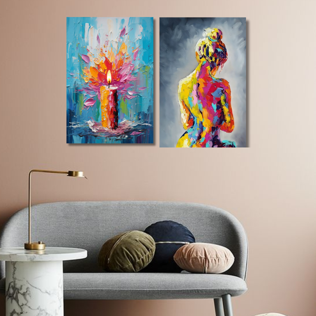 A vibrant, abstract canvas painting titled 'Colorful Burst,' featuring an explosion of bright colors blending seamlessly. Ideal for energizing and uplifting any space. Enhance your decor with this lively piece—order now