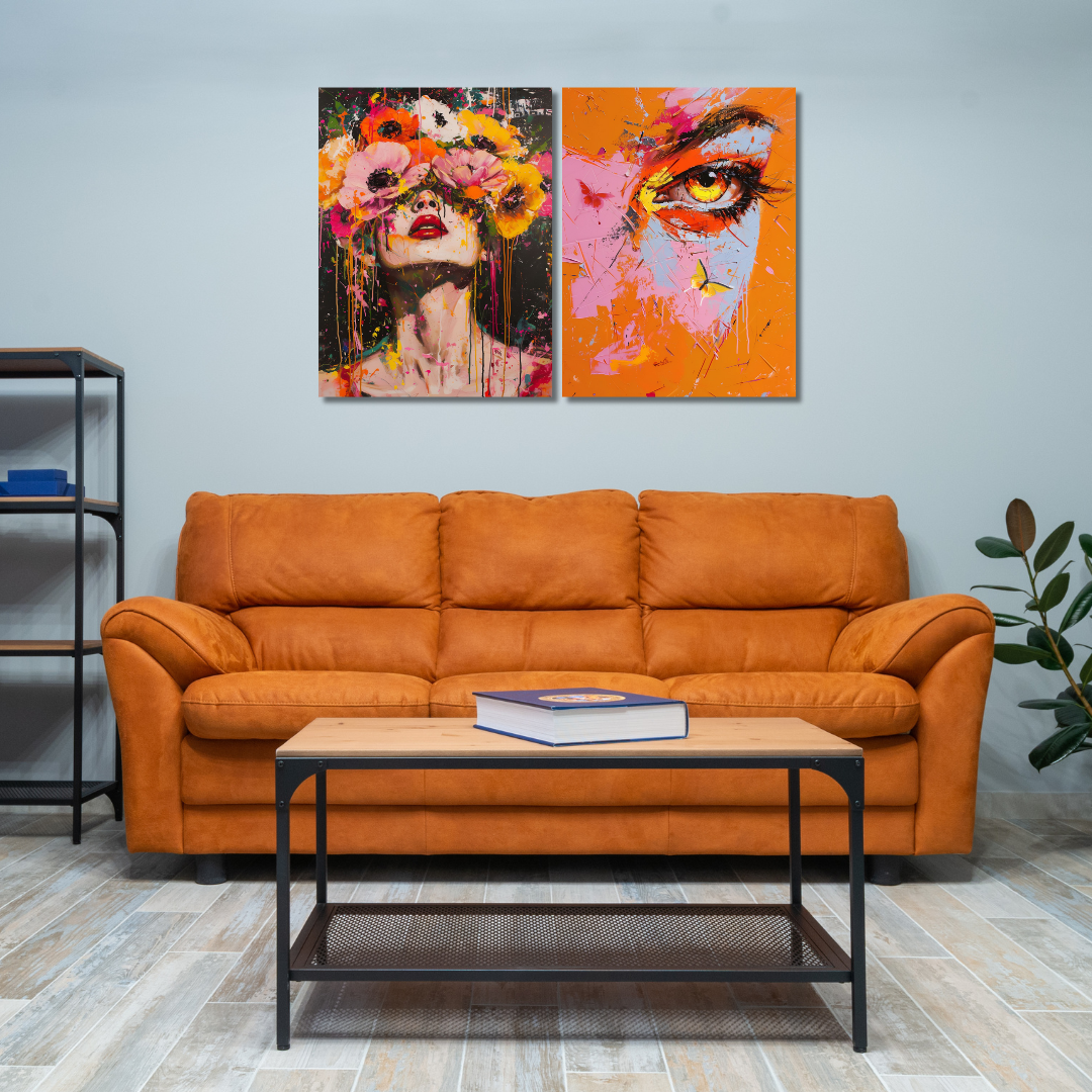 'Colorful Gaze' set of 2 canvas paintings with vibrant, abstract designs. Ideal for adding a burst of color and style to any room. Elevate your decor with these eye-catching pieces—shop today!