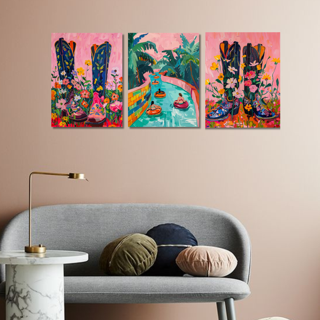 "Colorful Whisper canvas painting set of 3 featuring vibrant, abstract designs with bold colors and dynamic brushstrokes. Perfect for adding a lively touch to any space."