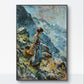 This is a beautiful canvas painting of a women standing with a basket on mountains showcasing a serene mountain landscape. Ideal for travel inspired canvas paintings.