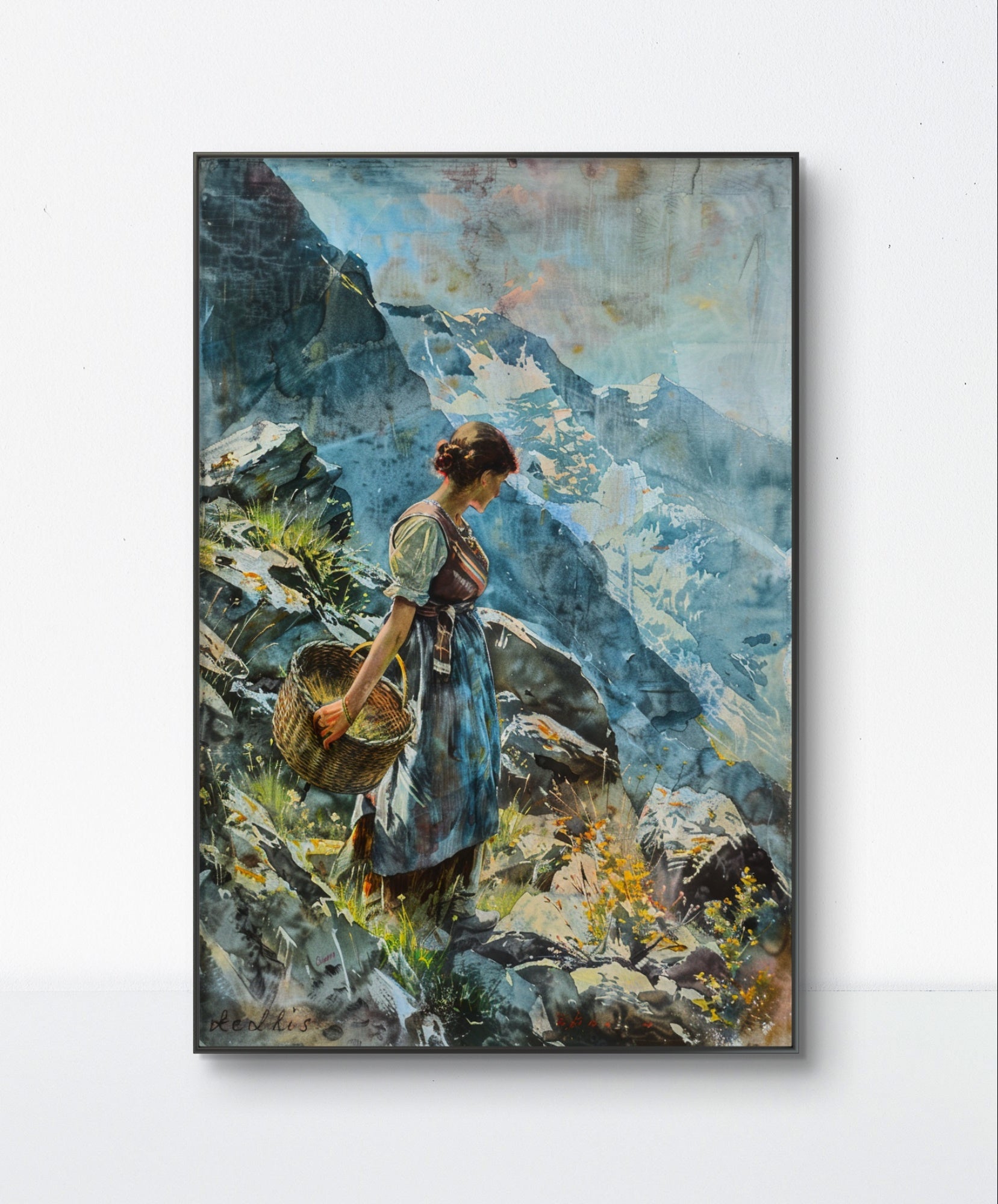 This is a beautiful canvas painting of a women standing with a basket on mountains showcasing a serene mountain landscape. Ideal for travel inspired canvas paintings.