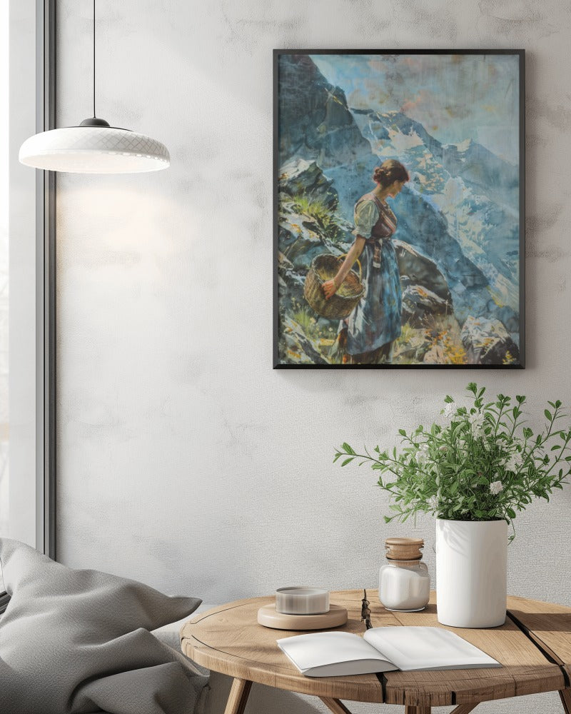 This is a beautiful canvas painting of a women standing with a basket on mountains showcasing a serene mountain landscape. Ideal for travel inspired canvas paintings.