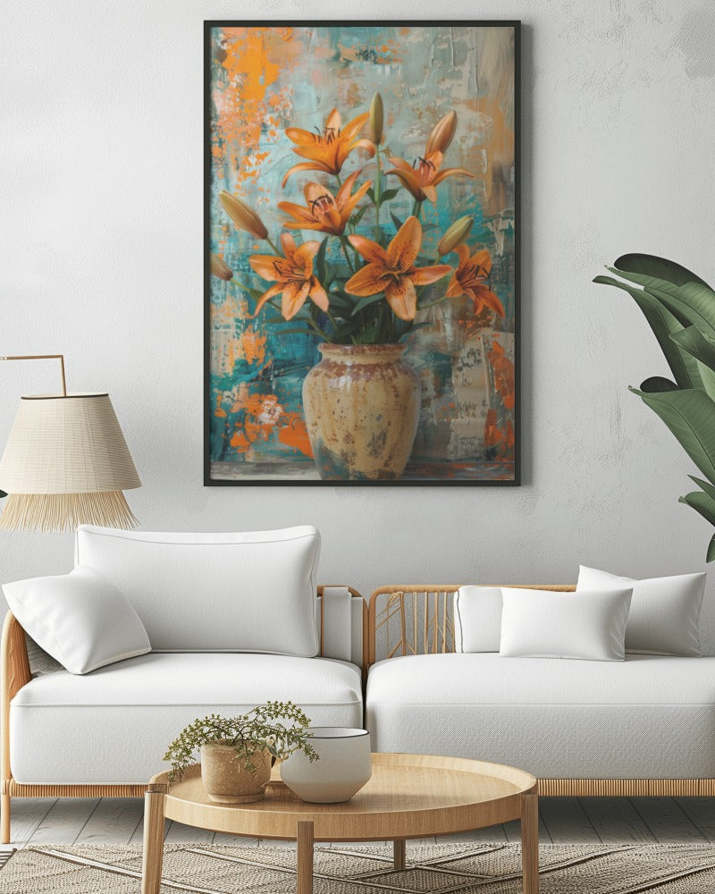 anvas painting of autumn lilies with rich, warm hues reflecting the beauty of fall, perfect for enhancing living spaces with seasonal home decor.