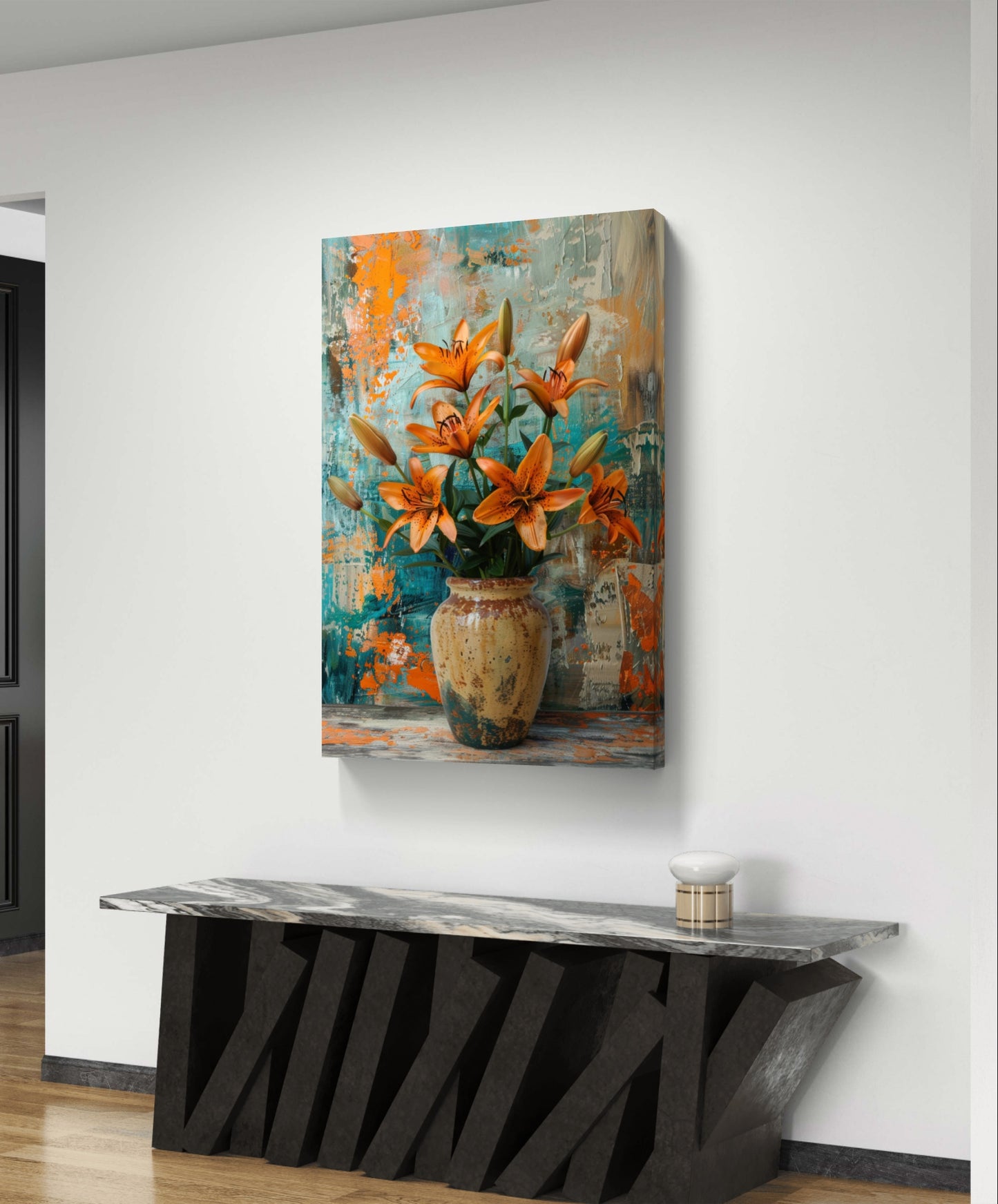 anvas painting of autumn lilies with rich, warm hues reflecting the beauty of fall, perfect for enhancing living spaces with seasonal home decor.