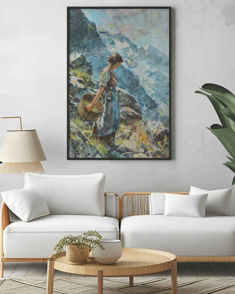 This is a beautiful canvas painting of a women standing with a basket on mountains showcasing a serene mountain landscape. Ideal for travel inspired canvas paintings.