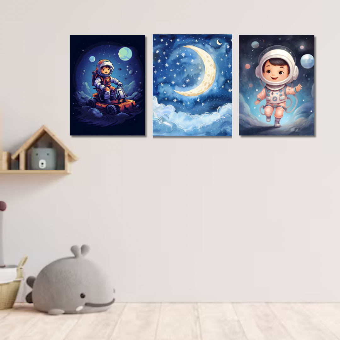 "Cosmic Explorer canvas painting set of 3 featuring stunning celestial designs with vibrant colors and intricate details. Perfect for adding a touch of cosmic wonder to any space."