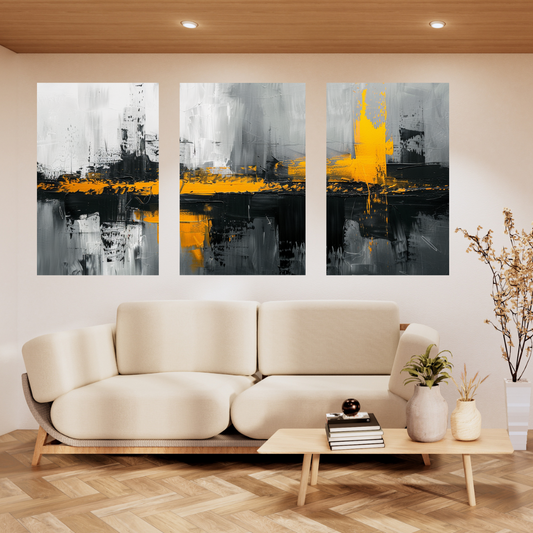 "Deep Shine canvas painting set of 3 featuring bold, abstract designs in yellow and black. Add striking contrast and modern elegance to your space—shop now to elevate your decor."