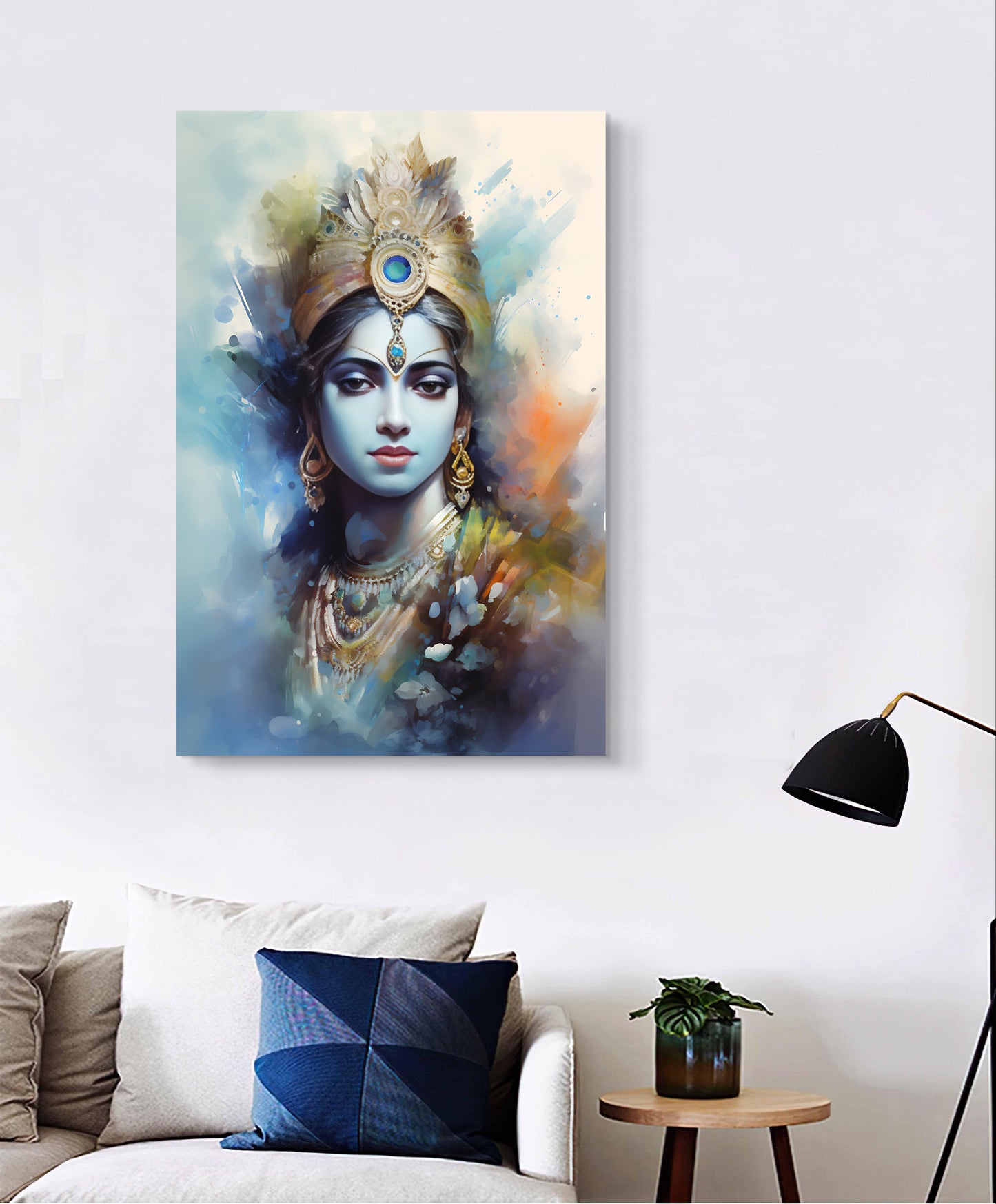  "Divine Krishna canvas painting showcasing a serene and majestic depiction of Lord Krishna. Add a touch of spiritual elegance to your space—shop now to bring this beautiful artwork into your home."