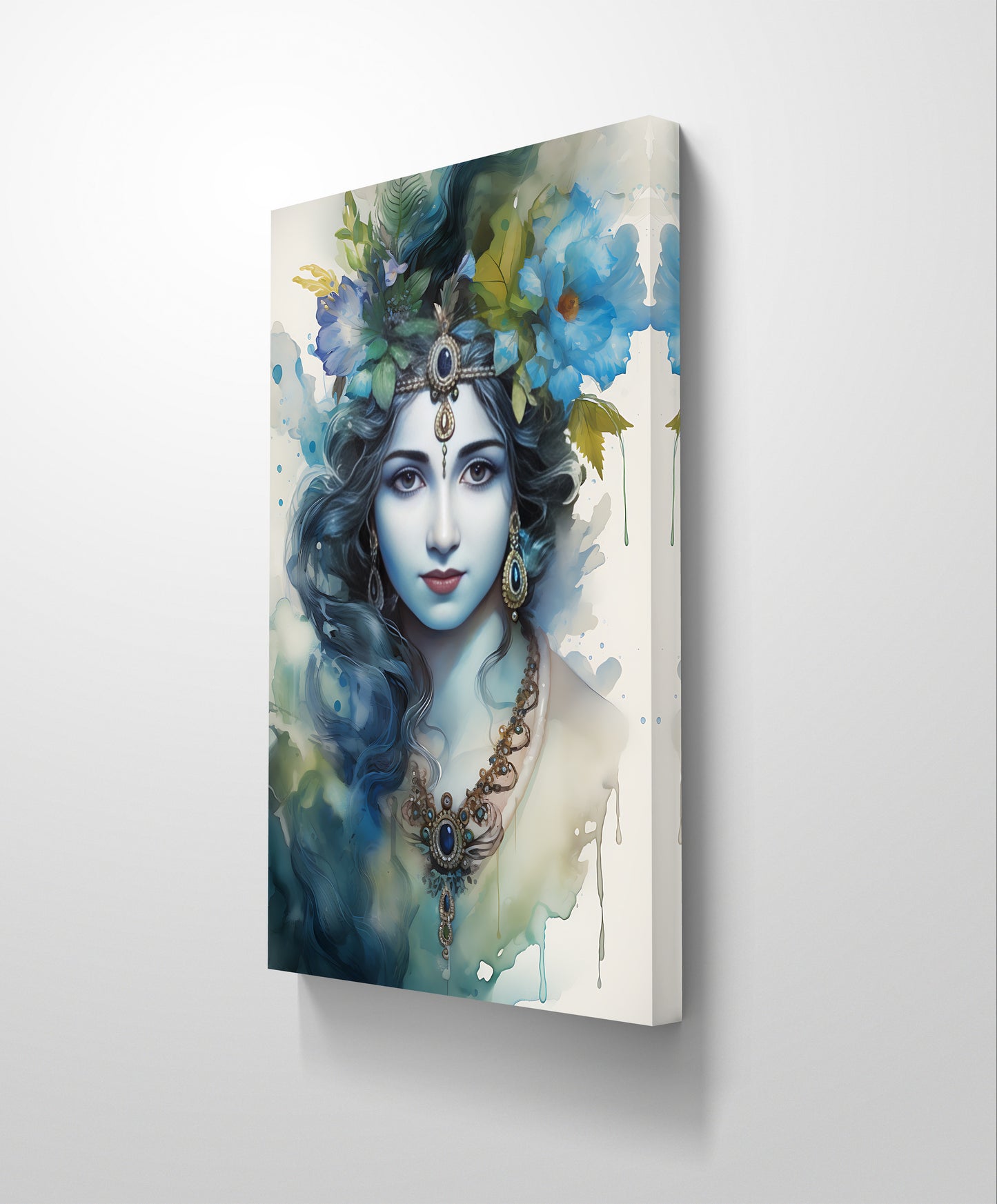  "Divine Krishna 002 canvas painting featuring a serene and elegant portrayal of Lord Krishna. Enhance your space with spiritual beauty—shop now to make this divine artwork a part of your home decor."