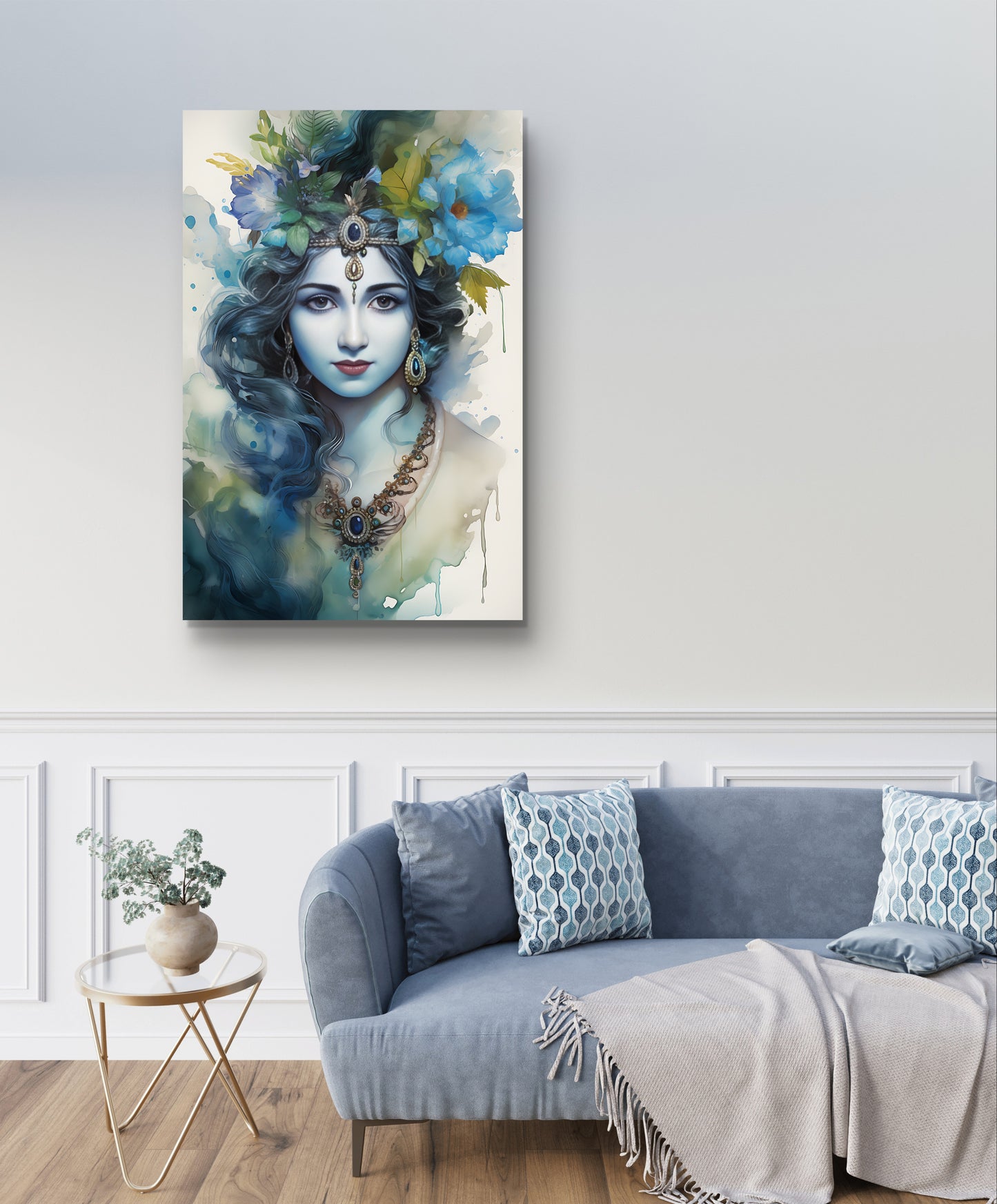  "Divine Krishna 002 canvas painting featuring a serene and elegant portrayal of Lord Krishna. Enhance your space with spiritual beauty—shop now to make this divine artwork a part of your home decor."