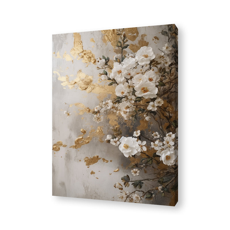 Golden and white florals Framed Canvas Painting