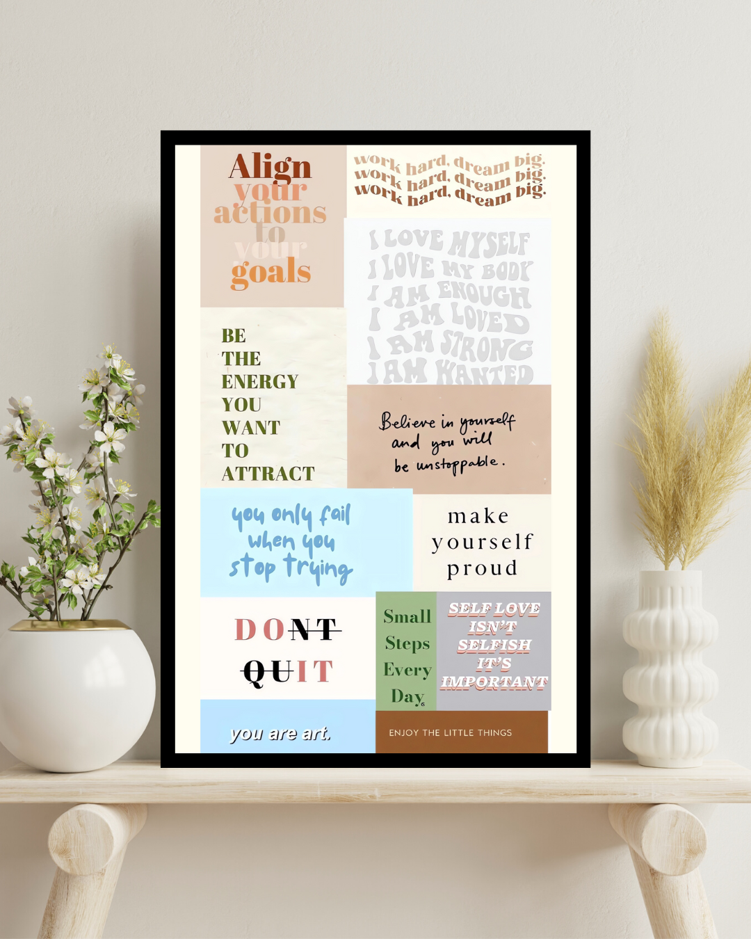 Affirmation canvas painting which symbolises postivity and strength. Perfect for someone who needs motivational art every single day. Explore more at the Genie Art.