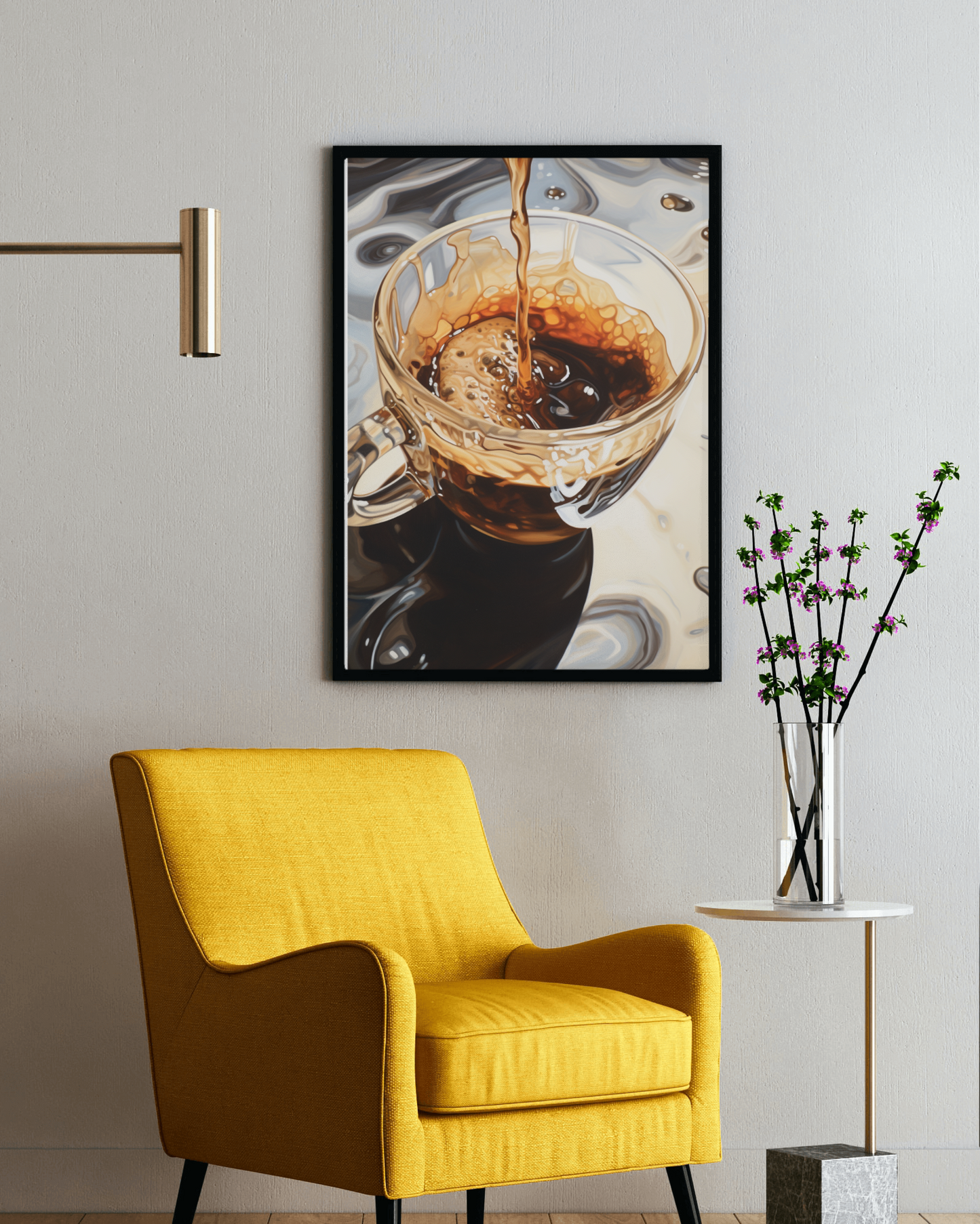 Coffee-themed painting with a focus on a pouring coffee into a cup, in tones of beige, brown, and white, perfect for home decor and wall painting. Canvas print, painting for home