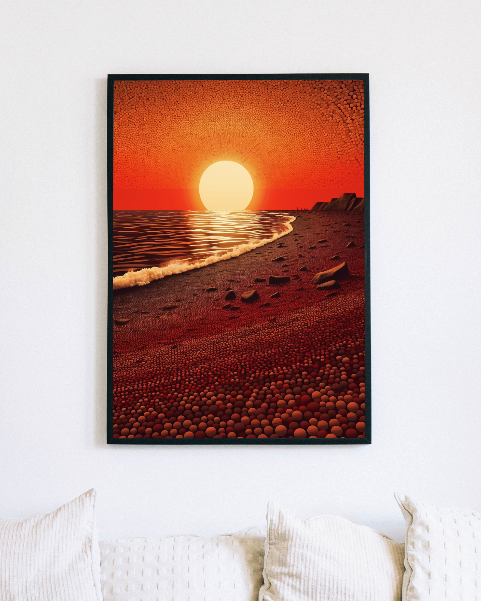 Canvas painting of a beach sunset with colorful skies and serene ocean waves, ideal for coastal home decor.