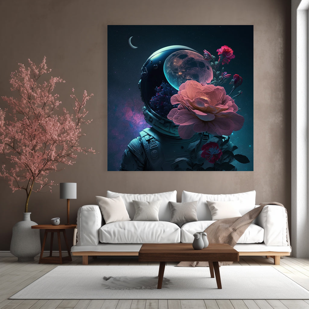 Blue Astronaut Beautiful Canvas Painting showcasing beautiful flowers with a blue astronaut. Looks extremely adorable if someone is looking for something cool ye different vibe for their Home decor