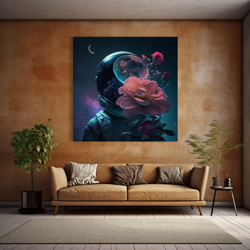 Blue Astronaut Beautiful Canvas Painting showcasing beautiful flowers with a blue astronaut. Looks extremely adorable if someone is looking for something cool ye different vibe for their Home decor