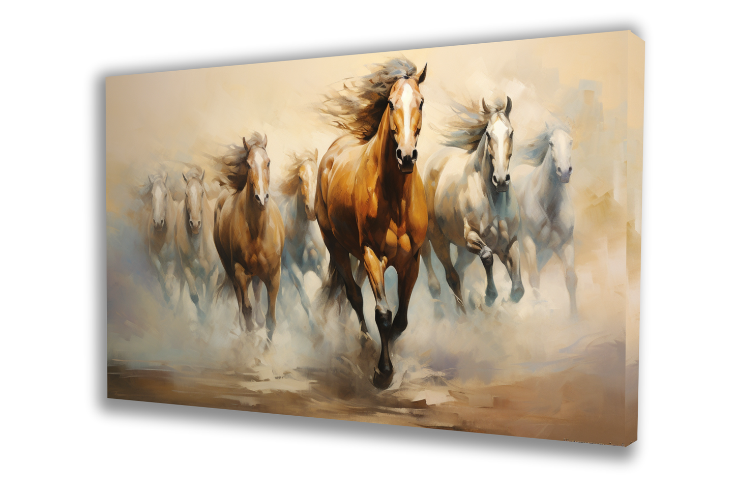 canvas painting of seven running horses in white and brown. Ideal for living room decor, this sophisticated wall art adds a touch of style and functions as a vastu painting.