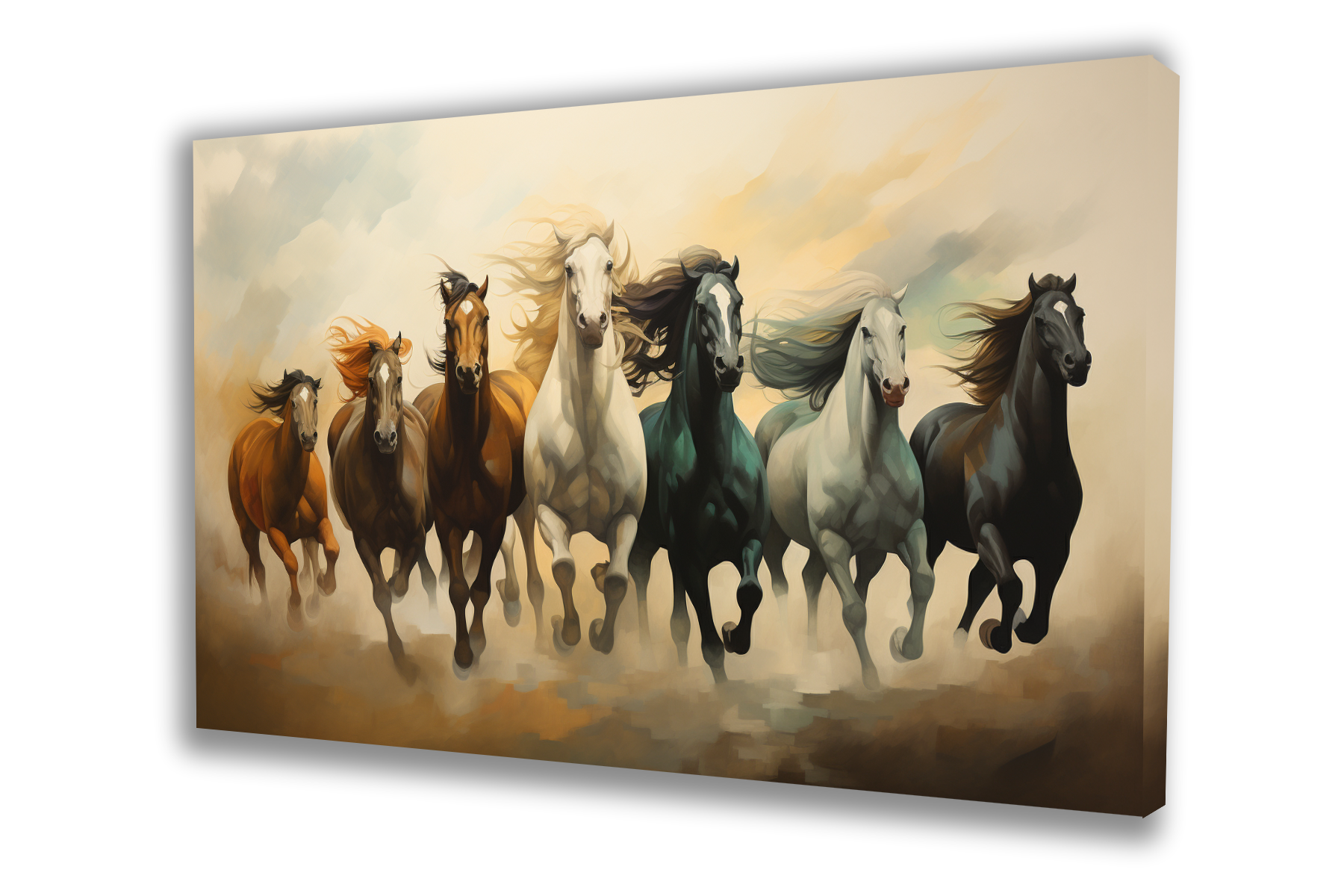 Colorful canvas painting of seven running horses, ideal for your living room. This vibrant wall art adds style to your decor and serves as a positive vastu painting