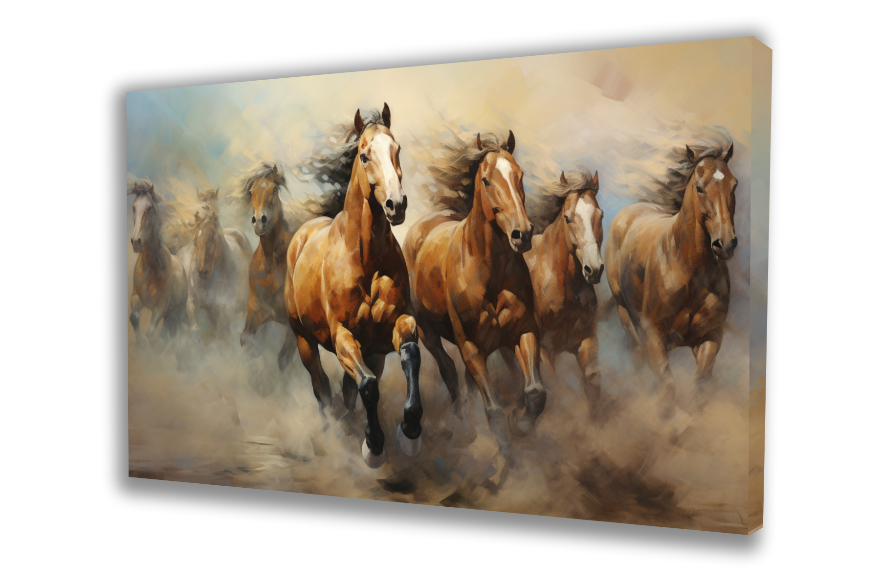 Canvas painting of seven running brown horses. Ideal for living room decor, this dynamic wall art enhances your space and functions as a stylish vastu painting