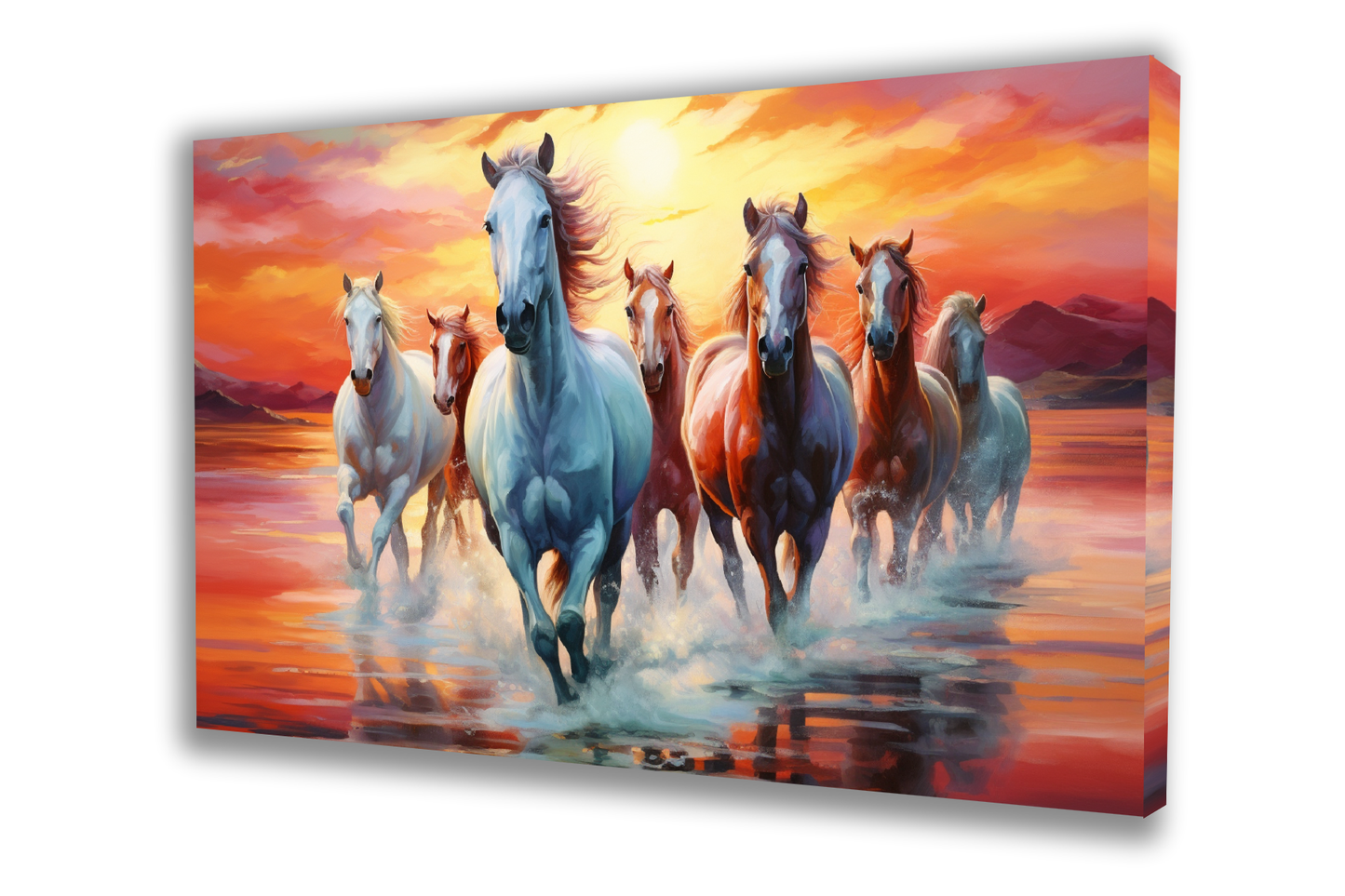 Canvas painting of seven running horses in white and brown with a yellow and orange sky background. Perfect for living room decor, this vibrant wall art also functions as a vastu painting.