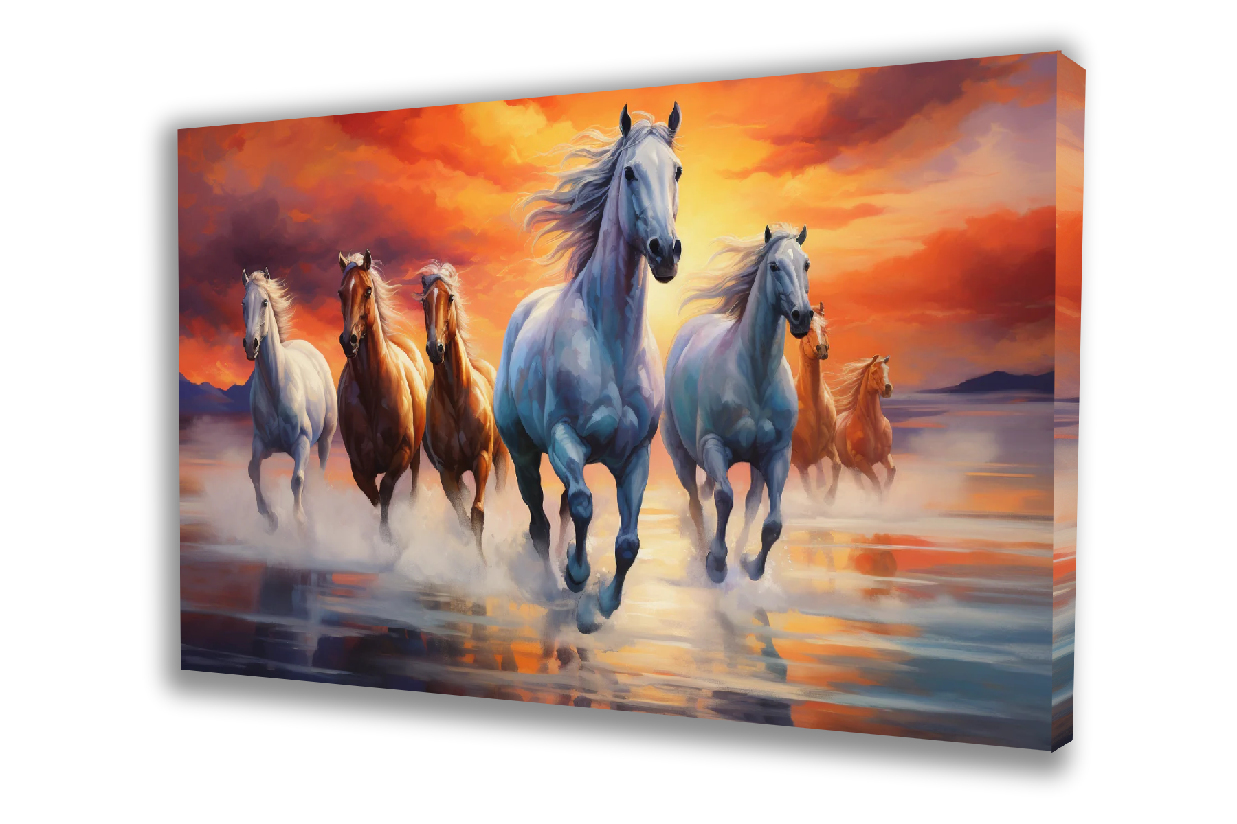 Canvas painting of seven running horses in white and brown with a yellow and orange sky background. Perfect for living room decor, this vibrant wall art also functions as a vastu painting